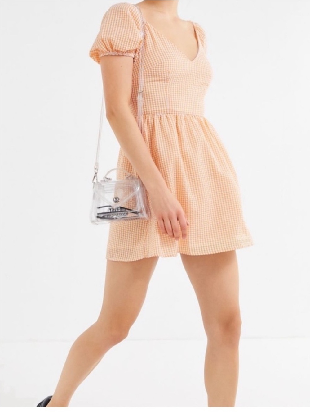 Urban Outfitters Peach Gingham Puff Sleeve Mini Dress Women’s Size Medium